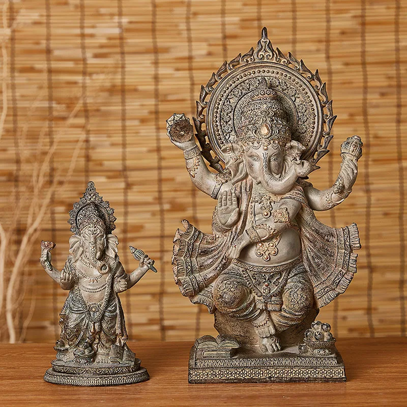 Antique Style Ganesha Statue Thai Indian Inspired Elephant God Figurine Resin Craft for Home Temple Decor Blessings