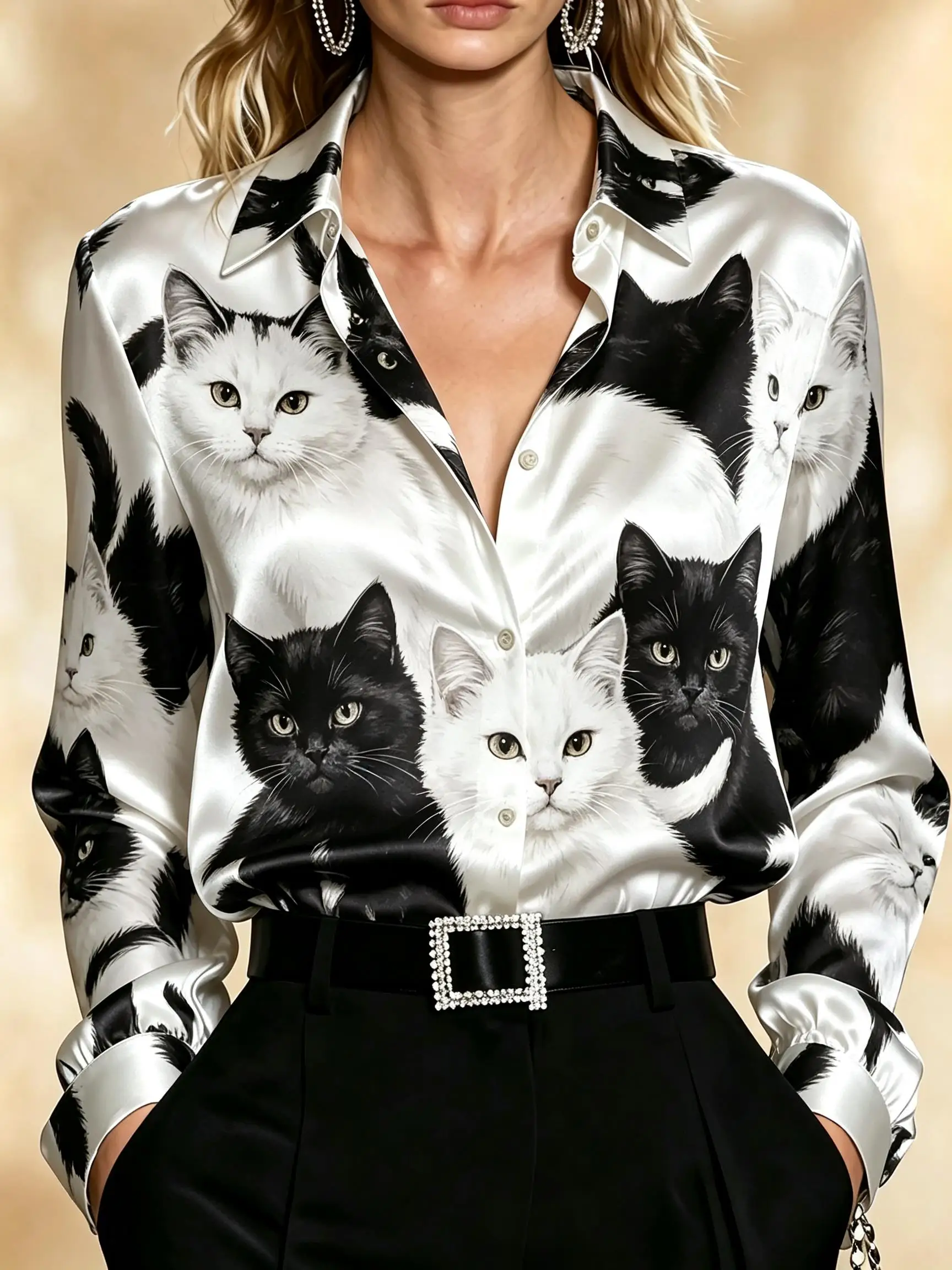 Women Cute Cat Allover Print Button‑Down Shirt, Turn‑down Collar Long Sleeve Fashion Blouse