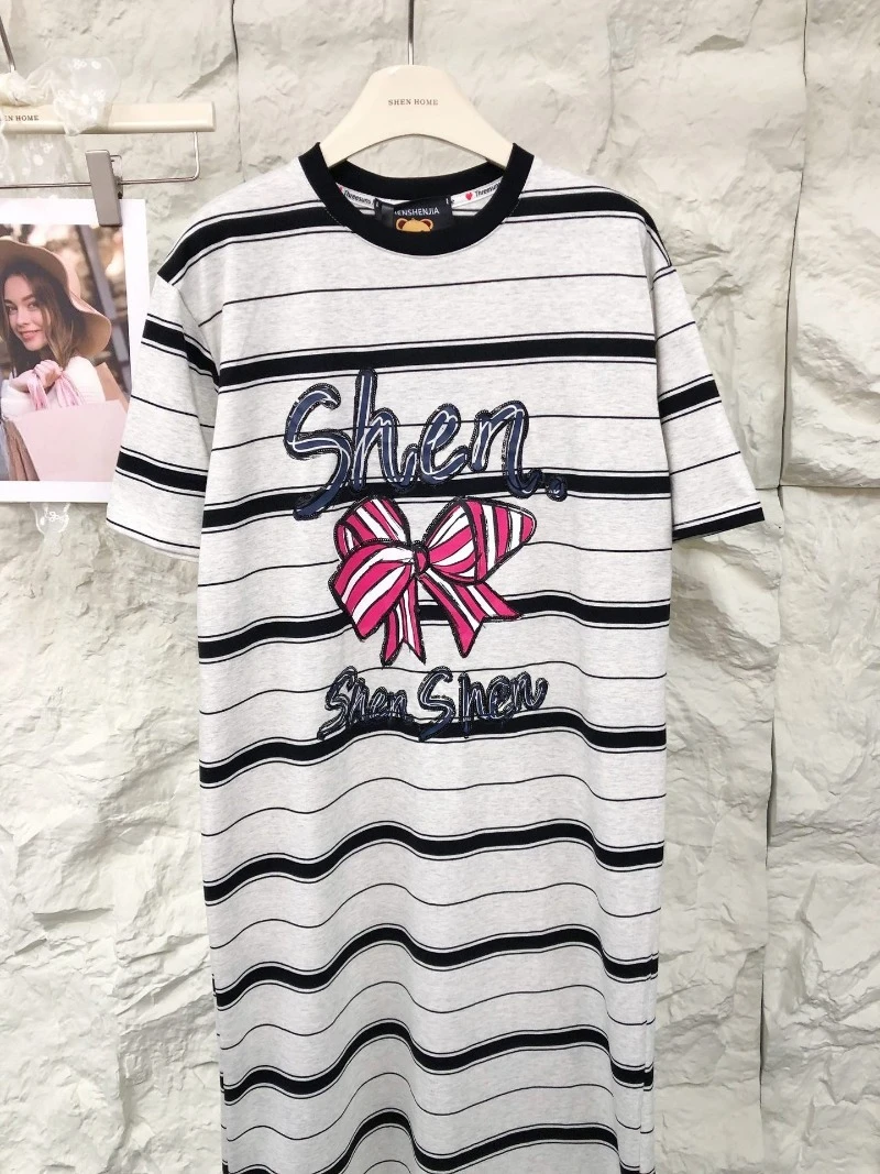 American Retro Style Bow Bead Printing Long Dresses Fashion Loose Design Striped Short-sleeved T-shirt Dress For Women's Clothes