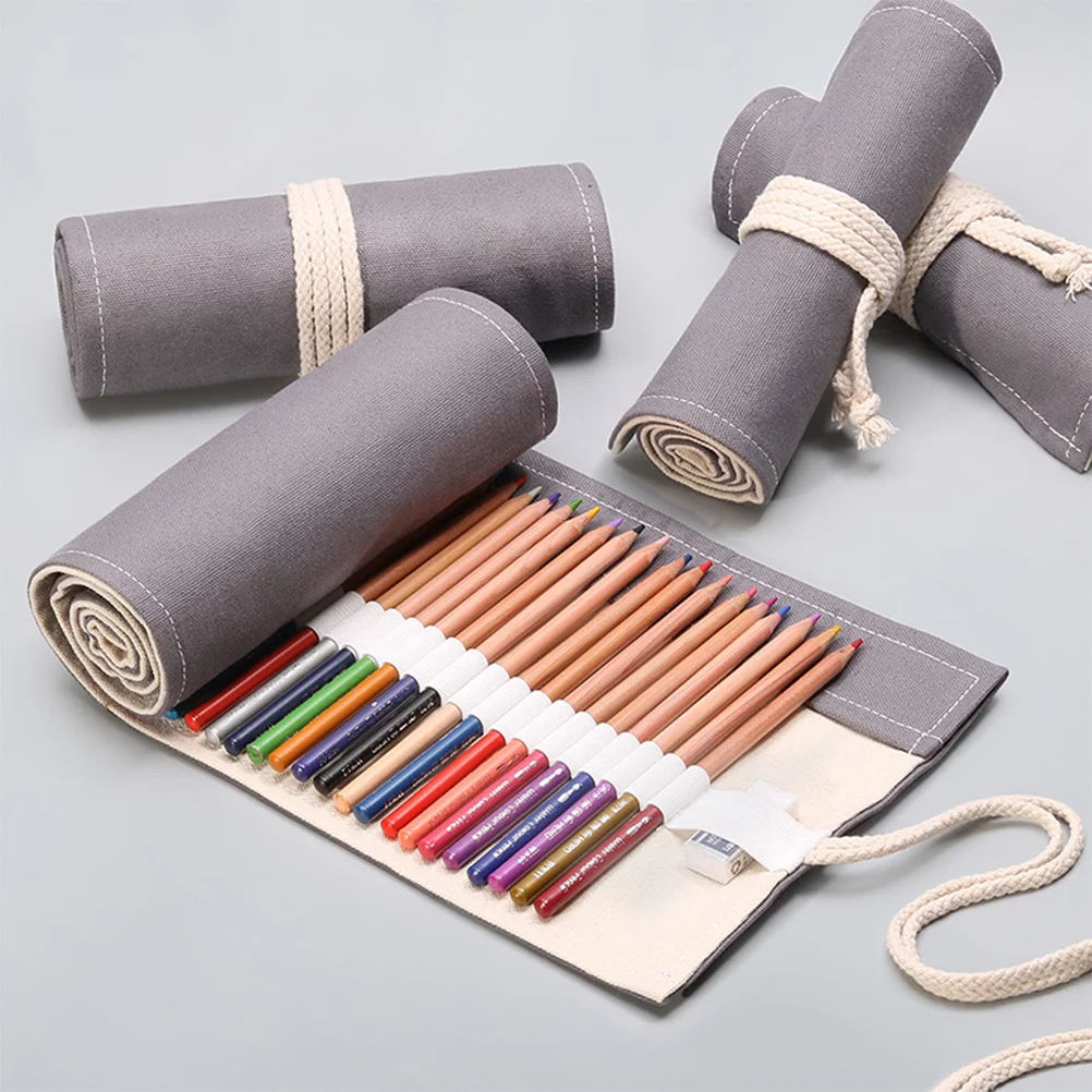 

1pc Canvas Pencil Roll Case 36 Slots Portable Pen Organizer Storage Wrap Grey Pencil Holder Pouch For Art Drawing Supplies
