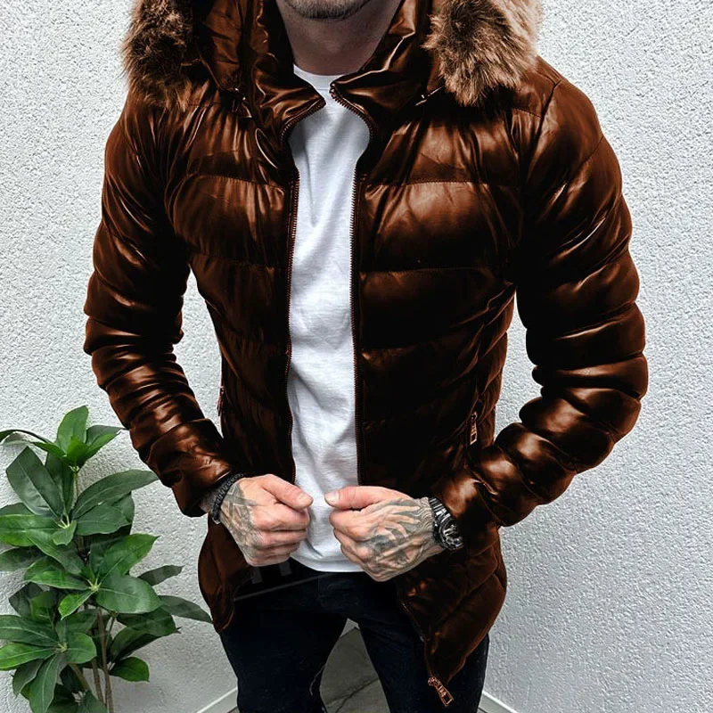 

Winter Outdoor Mens Down Jackets Warm Furry Hooded Coat Autumn Streetwear Men Clothing Fashion Solid Color Cotton Padded Jacket