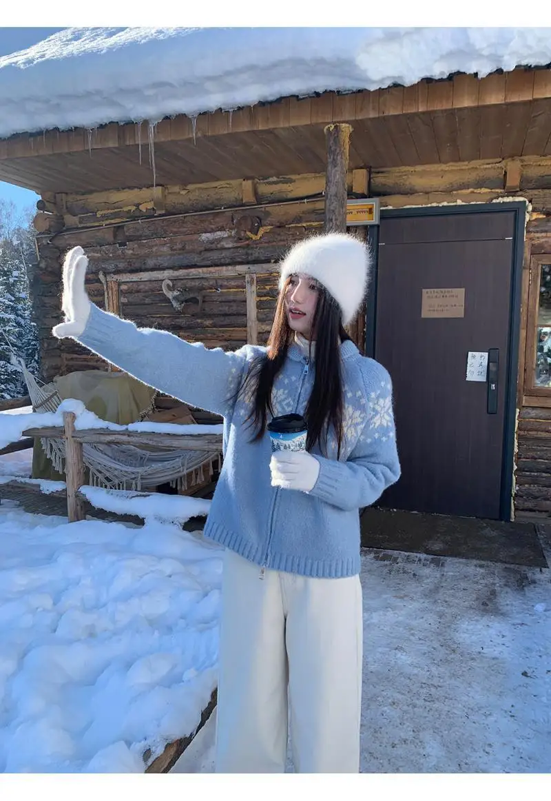 

Blue Jacquard Zipper Knitted Cardigan Women Autumn Winter Lapel Casual Loose Long Sleeve Sweater Coat Vintage Lazy Tops