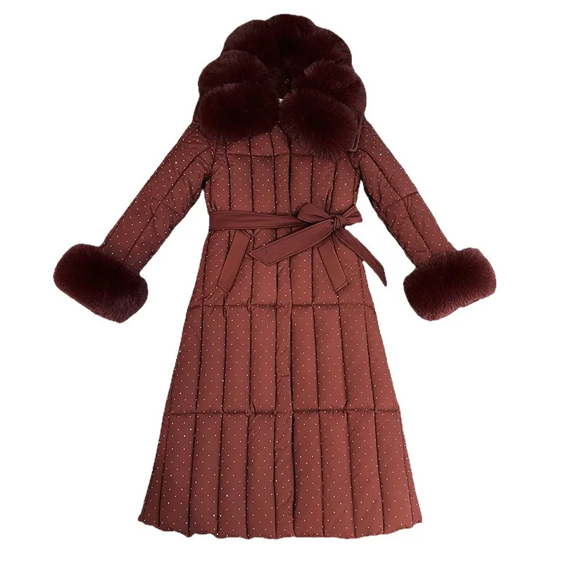 حزام الشتاء النساء معطف مبطّن عالية تألق هندسية طباعة فو الثعلب الفراء الدافئة طويلة سترة سيدة سميكة البخاخ ملابس خارجية للإناث
