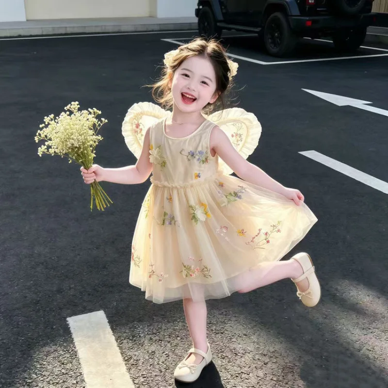 Girls' Summer Super Fairy Butterfly Knot Wings Princess Dress 2026 New Style Sweet Flower Fairy Dress Trendy