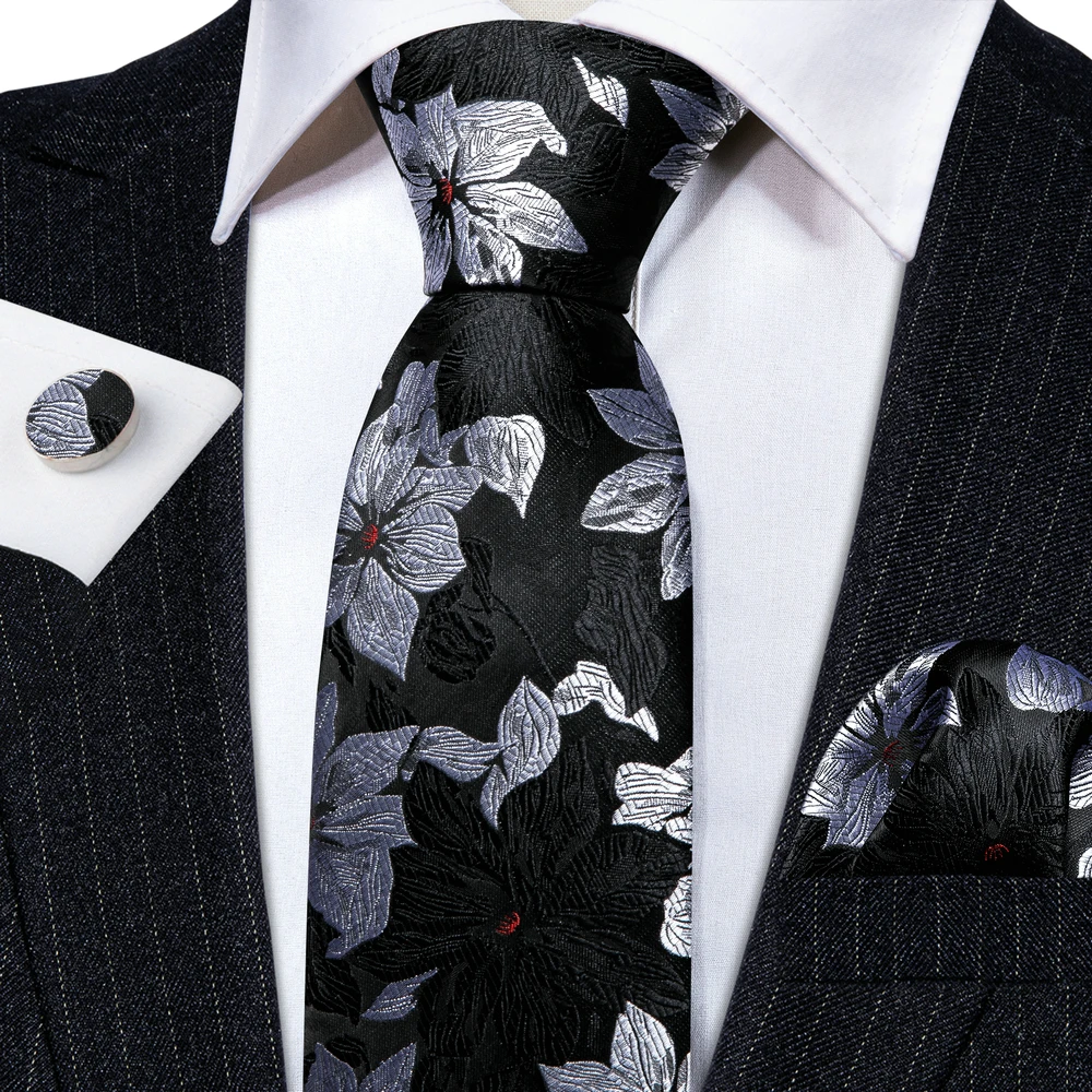 Designer Ties for Men Black Silver Gray Solid Paisley Striped Plaid Floral Neck Tie Pocket Square Cufflinks Set Barry·Wang