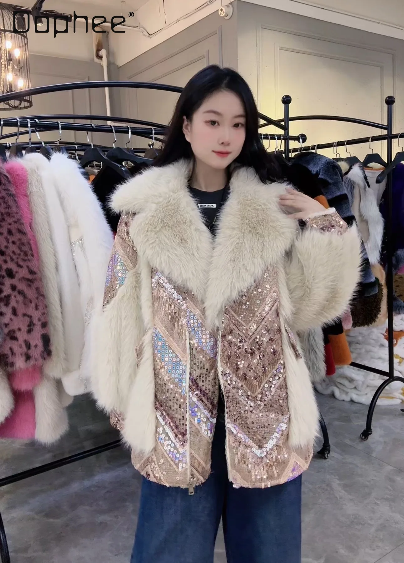 

Winter New Fashion Loose Heavy Sequin Milk Tea Color Furry Coat for Women Warm Elegant Rich Style Faux Fur Coat Jacket Women