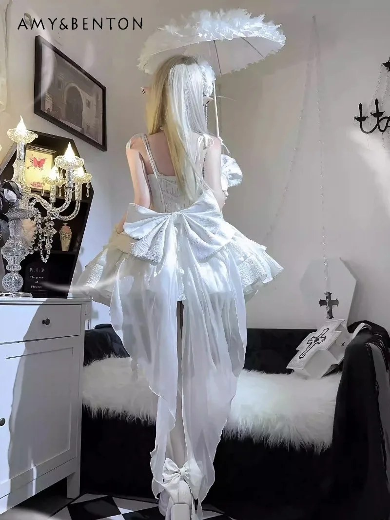 Subculture Gothic Princess Dress Three-Dimensional Flowers Strapless JSK Fishbone Slim Fit High Waist Tutu White Dress Women