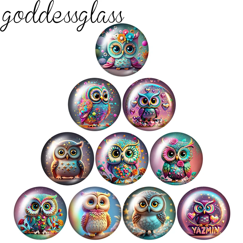 

Cute cartoon Owl flowers hearts 12mm/18mm/20mm/25mm Round glass cabochon flat back Making findings for custom DIY bracelets
