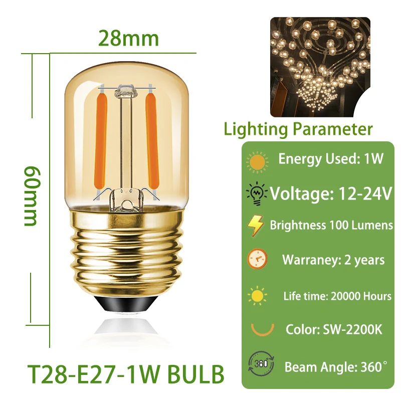 Imagem -02 - Lâmpada Led de Filamento Vintage de Baixa Tensão dc 12v 24v T28 Vidro Âmbar E27 1w 2200k Lâmpada para Motorhome rv Paisagem Locomotiva Cam Pcs