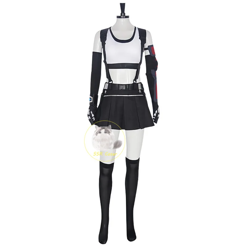 Game Tifa Lockhart Cosplay Costume Final Fantasy Cosplay Wig White Vest Black Skirt Earrings for Halloween Cos for Women Suits view 2