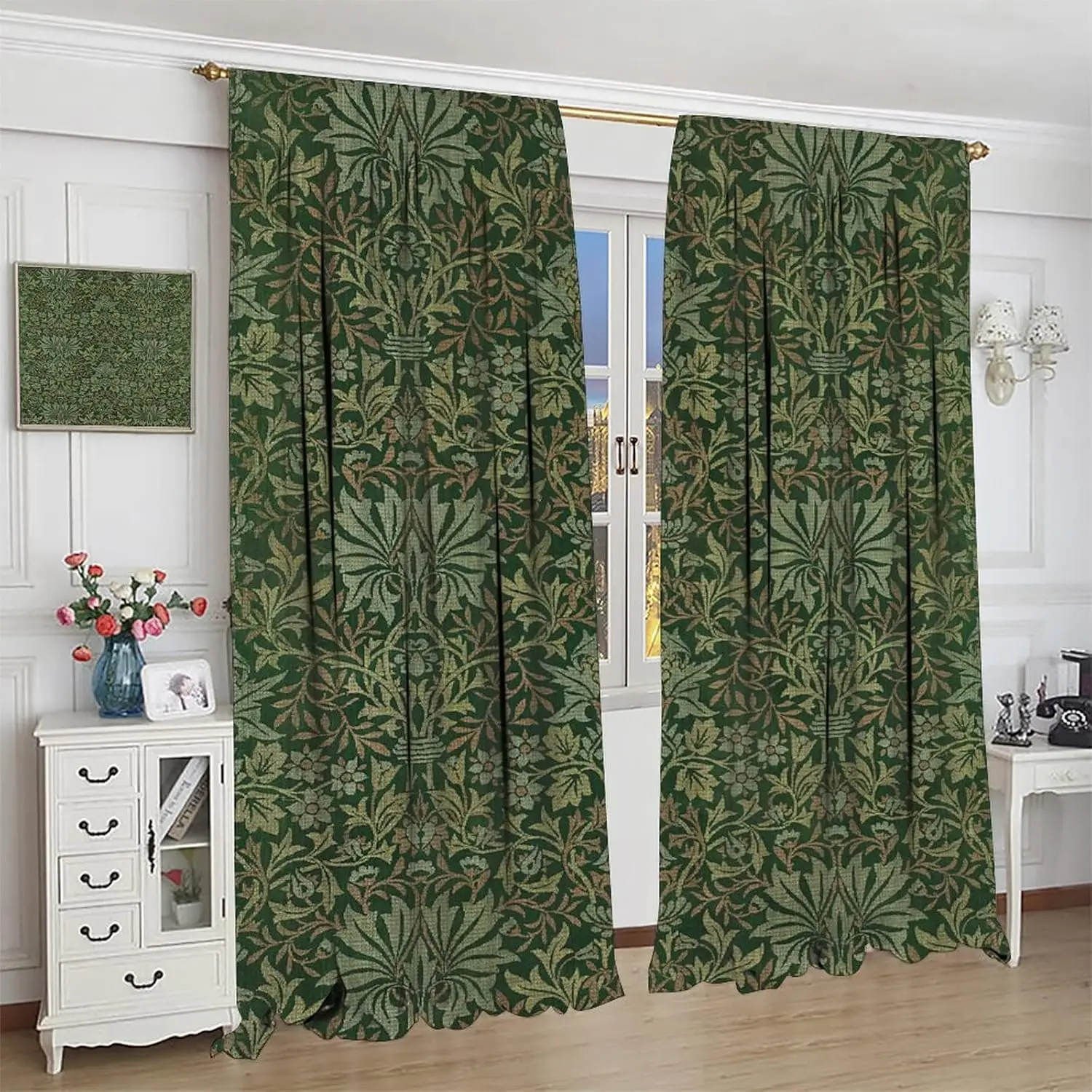 Bohemia Art Blackout Window Curtains, William Morris Original Design Green Garden Vintage Curtains, for Living Room Bedroom