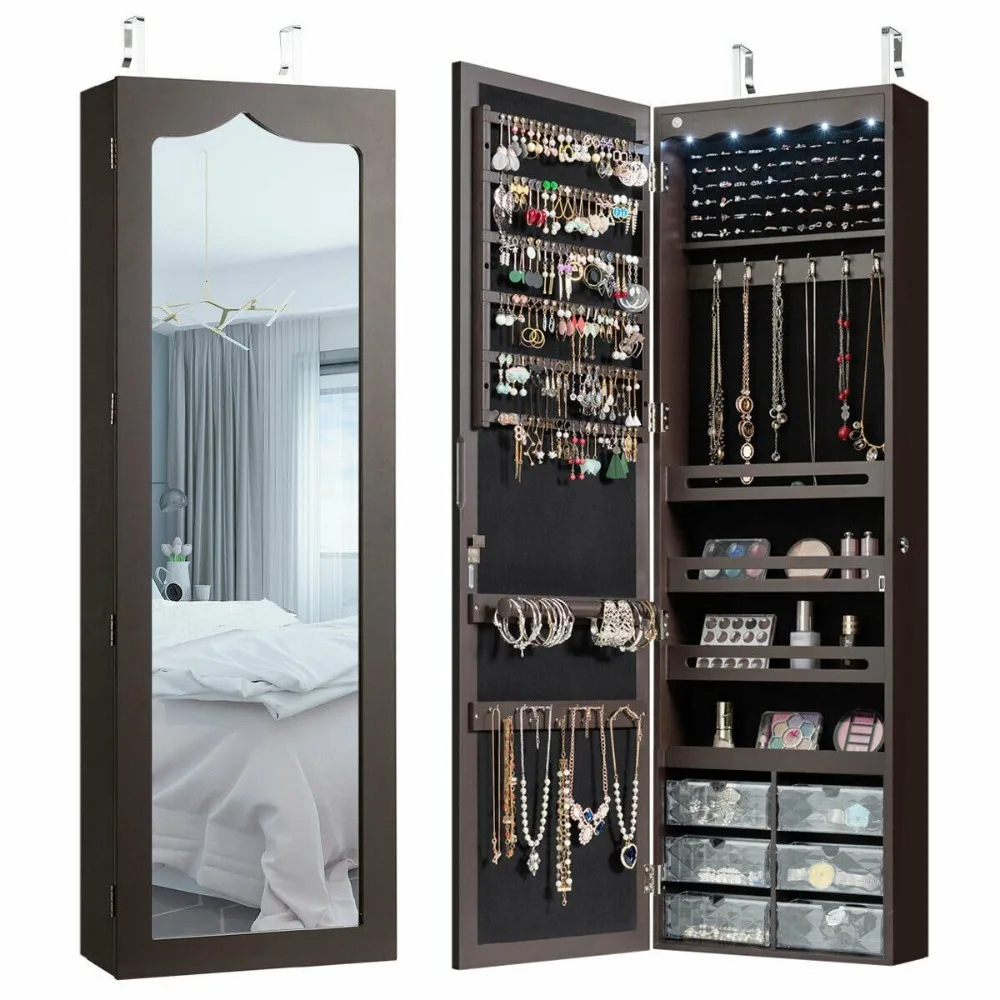 

Wall Door Mounted Jewelry Cabinet Organizer LED Mirror Brown