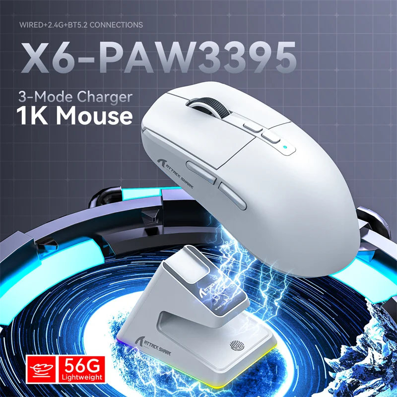 

Attack Shark X6 Magnetic Rgb Charging Base,paw3395 Sensor 26000dpi, Bt/2.4g Wireless/wired,200hrs Battery For Win/mac (White)