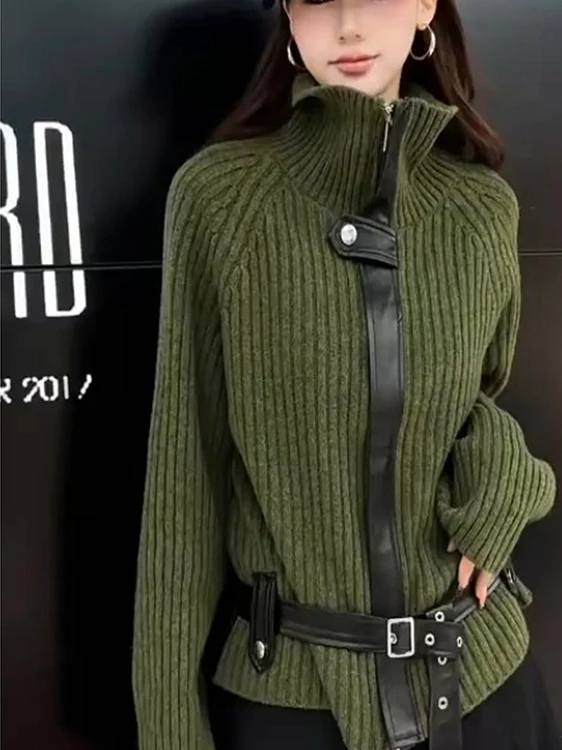 

Green High Collar Knitted Long Sleeve Wrap Cardigan Slimming Age Defying Trendy Outerwear Casual Loose Fit Soft Cotton Blend