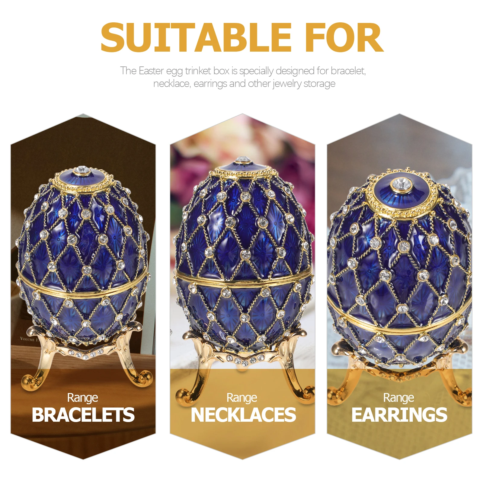 

Easter Egg Decoration Alloy Statue Rhinestone Ring Case Vintage Dresser Crystal Jewelry Box Trinket Storage Bracelet Necklace