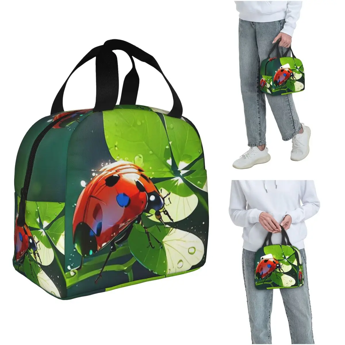 

Термосумка для обедов с изображением божьей коровки на четырехлистном клевере для женщин и детей, портативная коробка для еды, термосумка-тоут