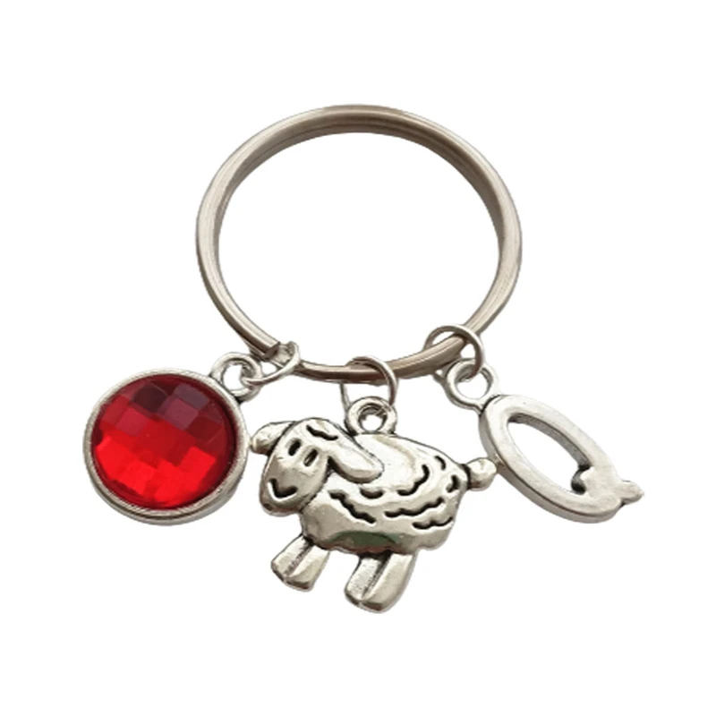 Initial and Birthstone Sheep Keyring, Sheep Keychain, Girlfriend Jewelry, Animal Purse Charm, Lamb Pendant, Vet Gift