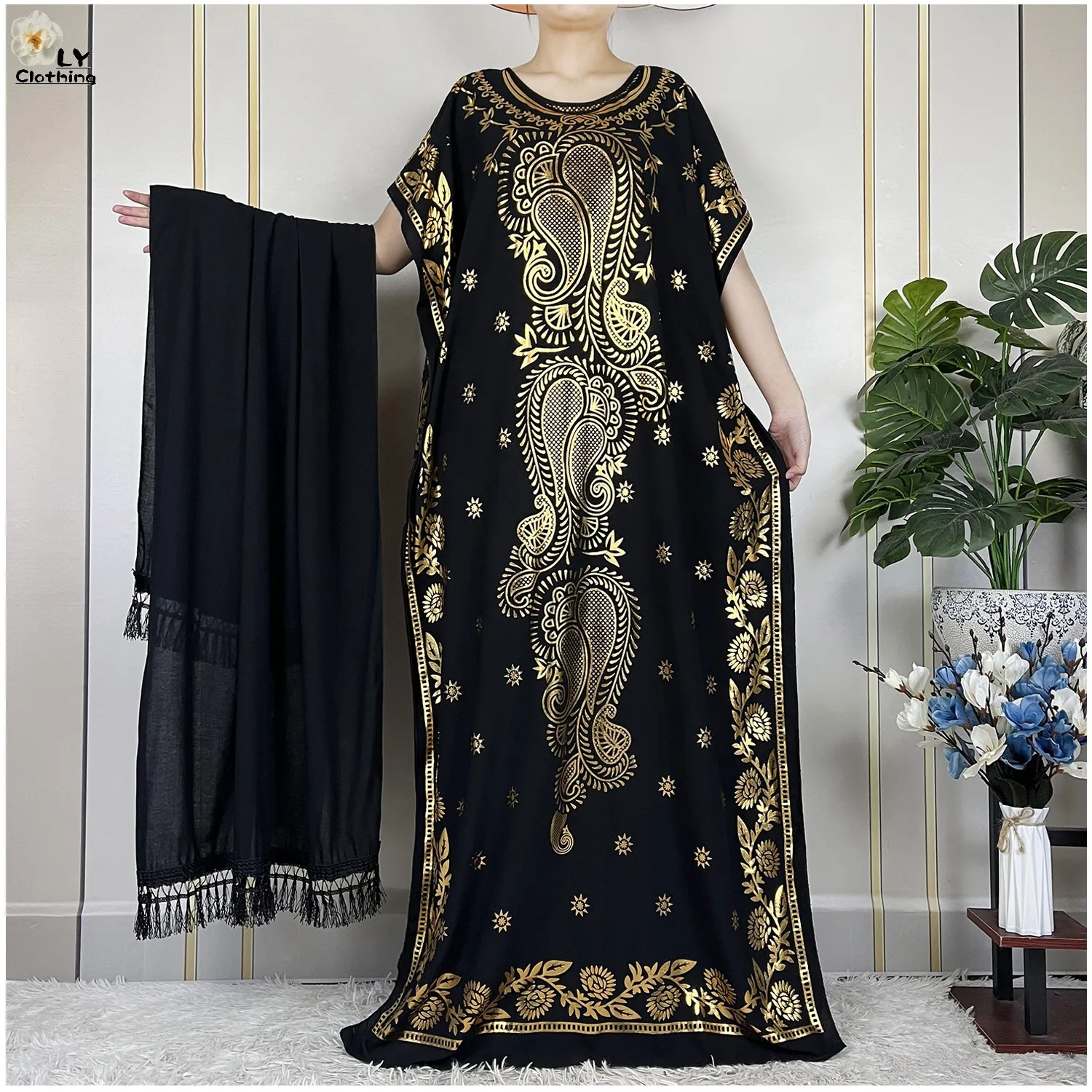 2024 New Summer Woman Short Sleeve Loose Dress Gold Stamping African Abaya Maxi Islam Women Femme Dress With Big Scarf Clothes