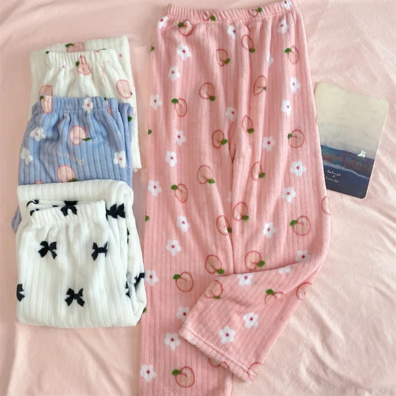 Autumn and Winter Women\'s New Pajama Pants Girls Student Sleeping Pants Warm Pants Coral Fleece Pants Thickened Warm Casual Home