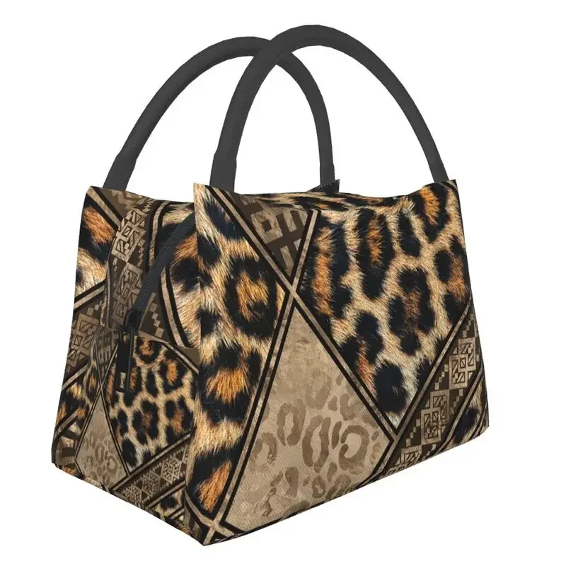 Ethnic Ornaments Brown Animal Leopard Print Insulated Lunch Bags for Women Leopard Skin Resuable Thermal Cooler Food Lunch Box