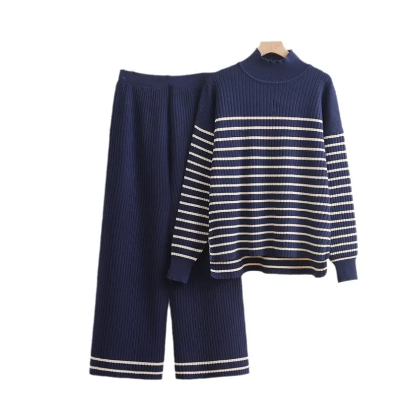 Moda coreana listrada semi gola alta suéter calças de perna larga conjunto de duas peças de malha primavera e outono terno solto