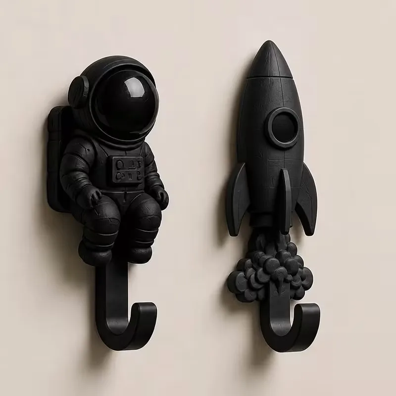 Astronaut Wall Hook 2pcs Rocket Coat Hanger Towel Key Holder Home Storage Rack （White，Black）Self Adhesive Space Theme Cute