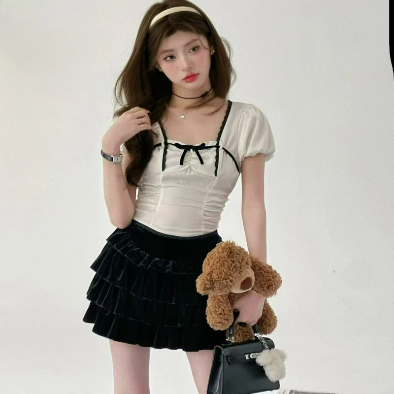 Sukienka damska w kształcie litery A z falbanami, z czarnego aksamitu, nowa kolekcja jesień/zima, elegancka, modna, z wysokim stanem, bufiaste krótkie spódnice.