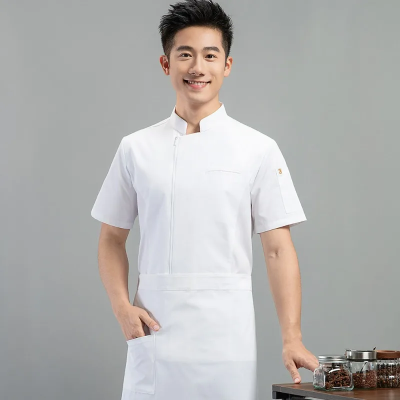 ホテルやレストランの厨房ユニフォーム用のジッパー付きプロ仕様半袖シェフジャケット