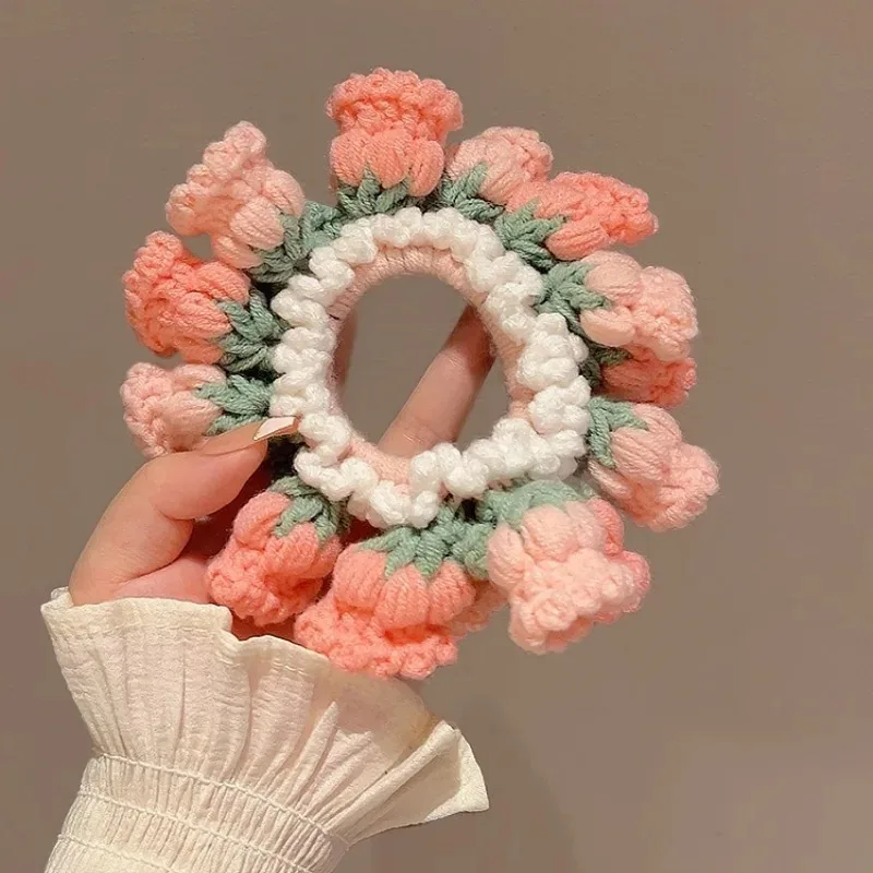 Handmade Crocheted Flower Knitted Scrunchie Headwear for Women Spring Summer Flores Convallariae Ponytail Hair Band Accessories