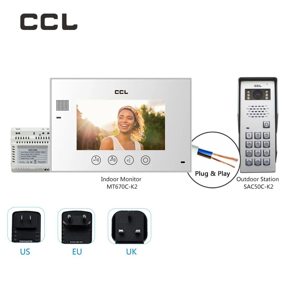 CCL 7 Inch 2-Wire Video Intercom for Villa Security Protection System Door Phone DIY 2Wires Connection Picture Record No Network