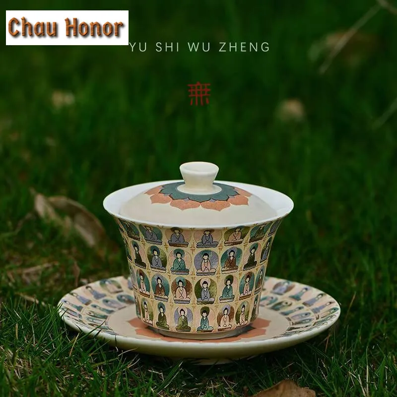150ml Dunhuang Thousand Buddhas Ceramic Gaiwan Mural Painting Bowl with Lid Tea Tureen Tea Brewing Cover Bowl Tableware Craft