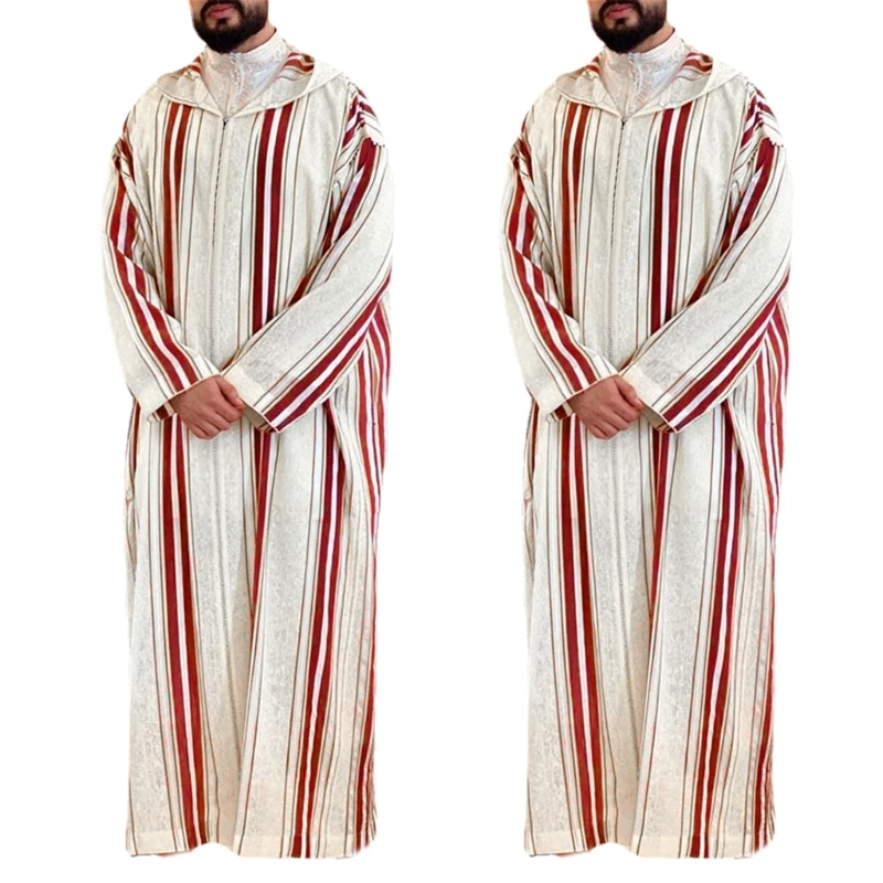 Fashion Men Ethnic Shirt Ramadan Gown Moroccan Robe Striped Long Thobe Dropship