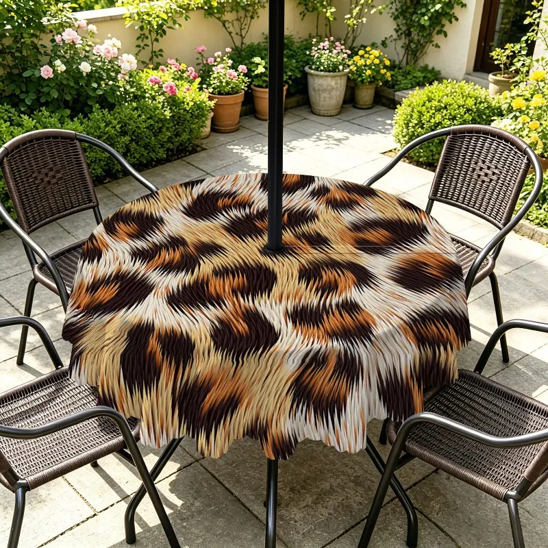 Outdoor Animal Printed Round Tablecloth with Umbrella Hole Waterproof Oilproof Draped Table Cover for Patio Garden Decoration