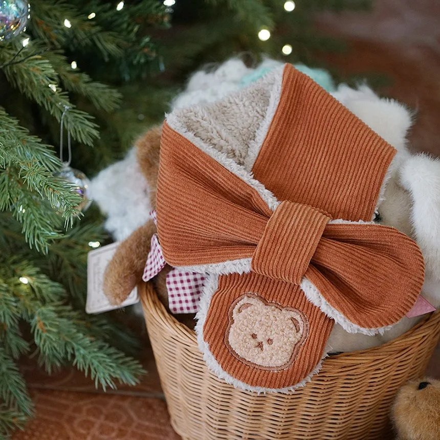 New Autumn Winter Cross Corduroy Plush Baby Scarf Children Cute Cartoon Bear Thickened Warm Scarves Kids Scarf Neckerchief
