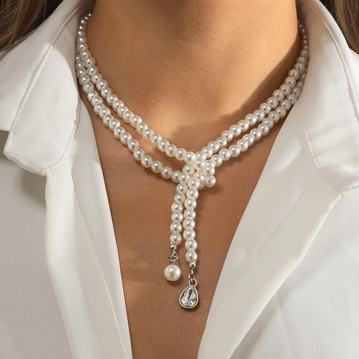 Imitation Pearl Beads Chain with Crystal Pendant Necklace for Women Long Tassels Necklaces 2024 Fashion Jewelry Neck Accessories