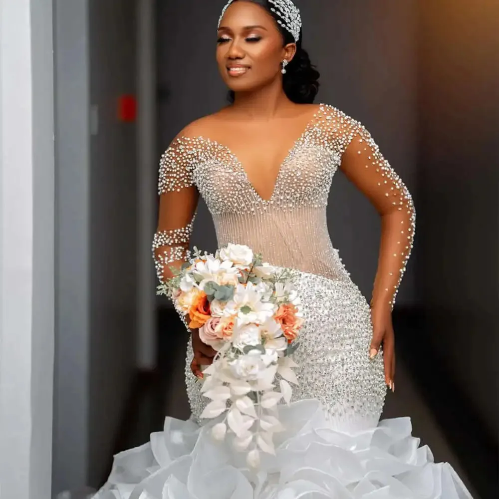 Maßgeschneiderte Luxus-Brautkleider im Meerjungfrauenstil mit Perlen, langen Ärmeln und Stufenrock, Übergröße, Brautkleid 2026, Vestido De Noiva – Detail 5
