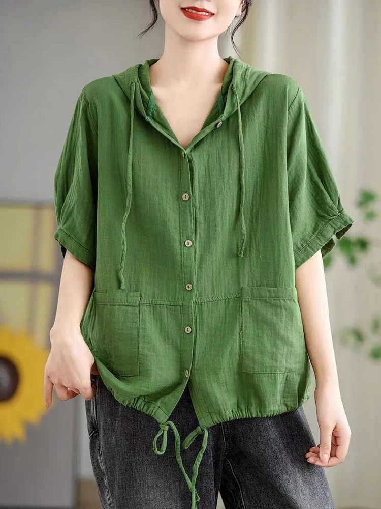 Max LuLu 2024 Summer Korean Ladies Casual Blouses Loose Linen Tops Womens Classic Hooded Shirts Vintage Solid Fashion Clothing