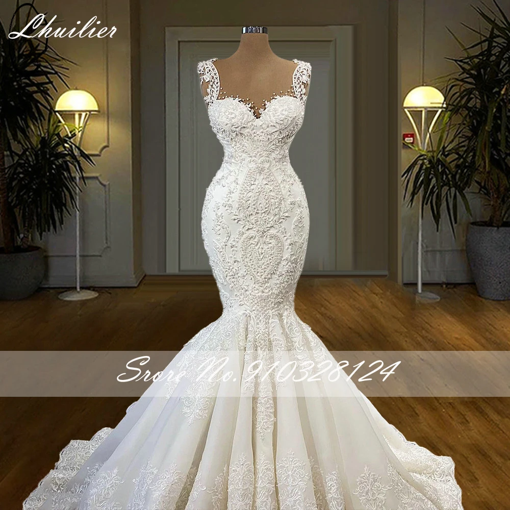 Lhuilier Customized Scoop Neck Mermaid Wedding Dresses Sleeveless Pearls Beaded Lace Appliques Bridal Dress with Court Train image 5