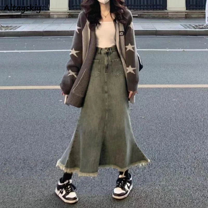 

Trumpet Midi Skirts Women Vintage Denim Autumn Ulzzang Ripped Distressed Streetwear Gentle Soft Young Sweet Harajuku Personality