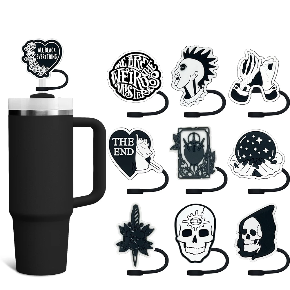 

Black Horror Halloween Straw Cover Cap 10MM Eco-friendly Straw Plug Splash Proof Drinking Cup Charms Pendent Home Party Gift