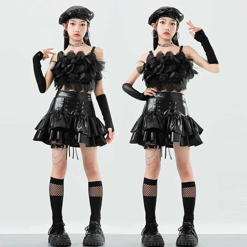 

Jazz Dance Stage Costume Girl Fashion Runways Show Outfit Flower Tops Leather Cake Skirt Black Kpop Dance Performance Wear