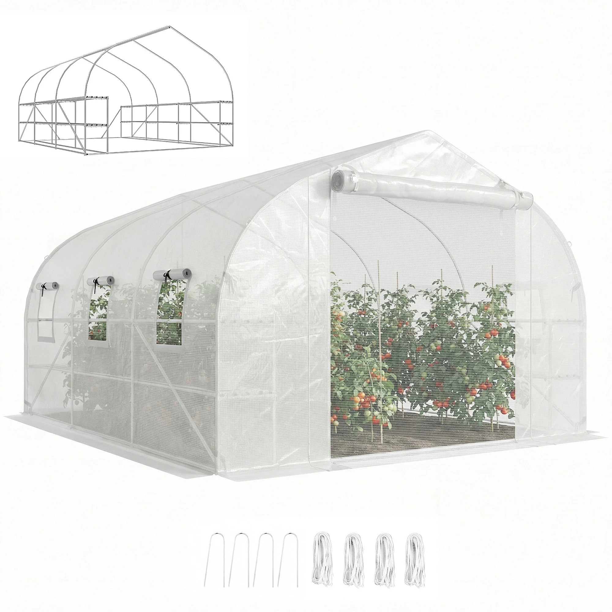 Outsunny Walk-In Tunnel Greenhouse with Shelf, Plant Greenhouse, White