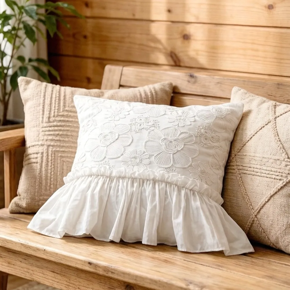 Farmhouse Decor Pillowcase , Romantic Lace Ruffle Skirt Decorative Pillow Cover ,Cotton Throw Pillow Covers for Sofa, Bed, Couch