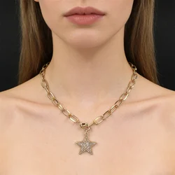 Super Star Gold Color Or Silver Color Clear Stone Decorated Star Charm Necklace For Women Girl Elegant Bohemia Basic Jewelry