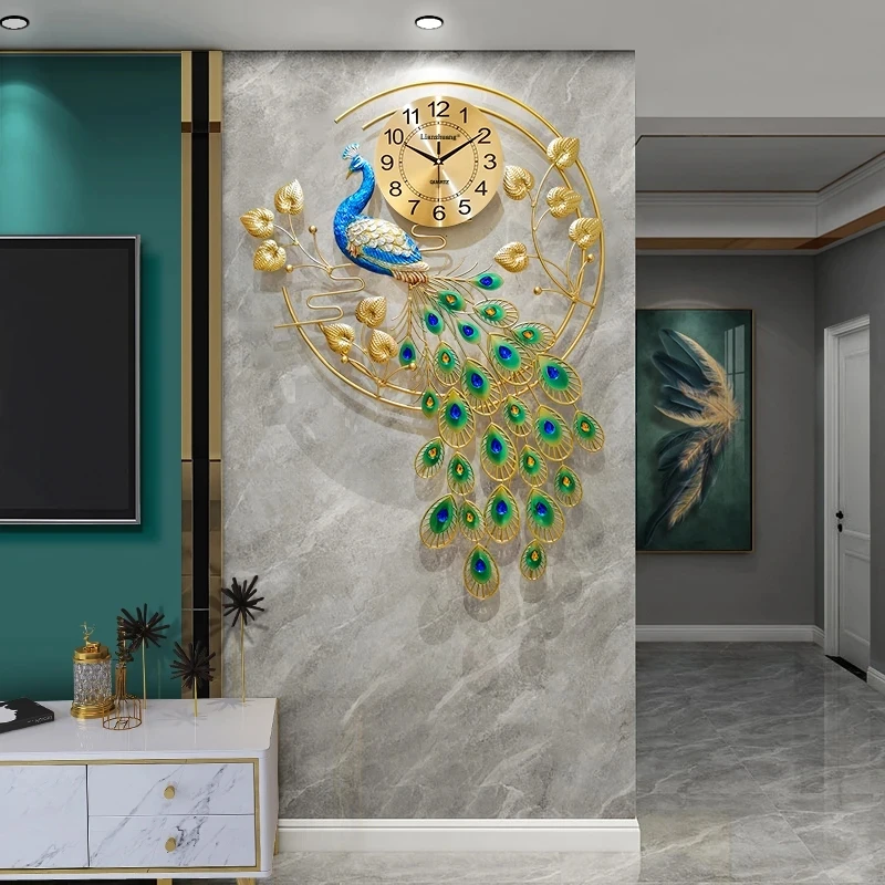 Large Digital Wall Clock Modern Design Luxury Silent Mechanism Golden Peacock Wall Clock for Living Room Reloj Pared Room Decor