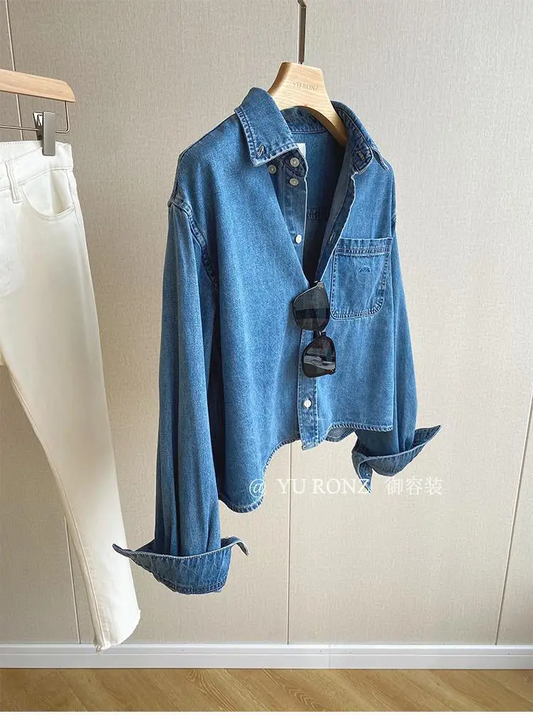 Spring 2024 Commuter Style Fashionable Simple All-Match High-Grade Embroidered Pocket Cotton Short Denim Shirt Women\'s Spring