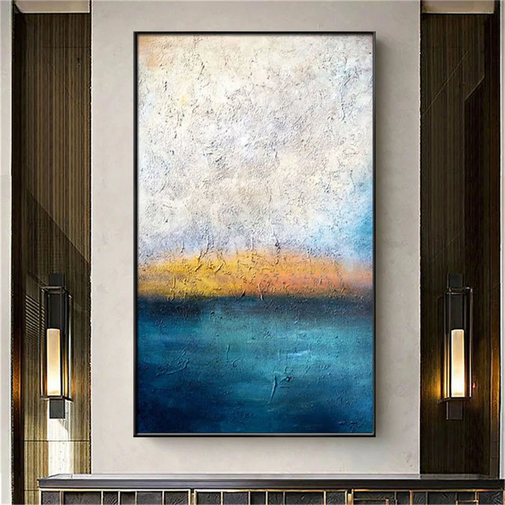 

Hand-Painted Oil Painting Abstract Shiny Gold Foil Canvas Poster Blue Mural Modern Home Decoration Wall Art Pictures Entrance