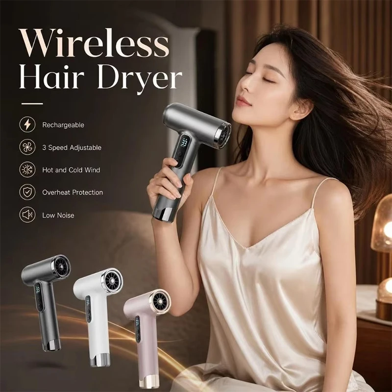 Handheld Wireless Hair Dryer USB Charging Hair Dryer for Students High Wind Power Air Volume Portable Hairdryer Dormitory Use
