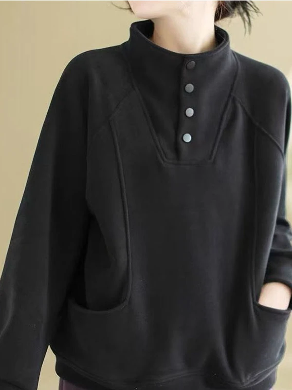 

Теплая двусторонняя вельветовая женская толстовка с воротником-стойкой на пуговицах, корейский дизайн, с карманами, универсальная, скрывающая недостатки фигуры, свободного кроя