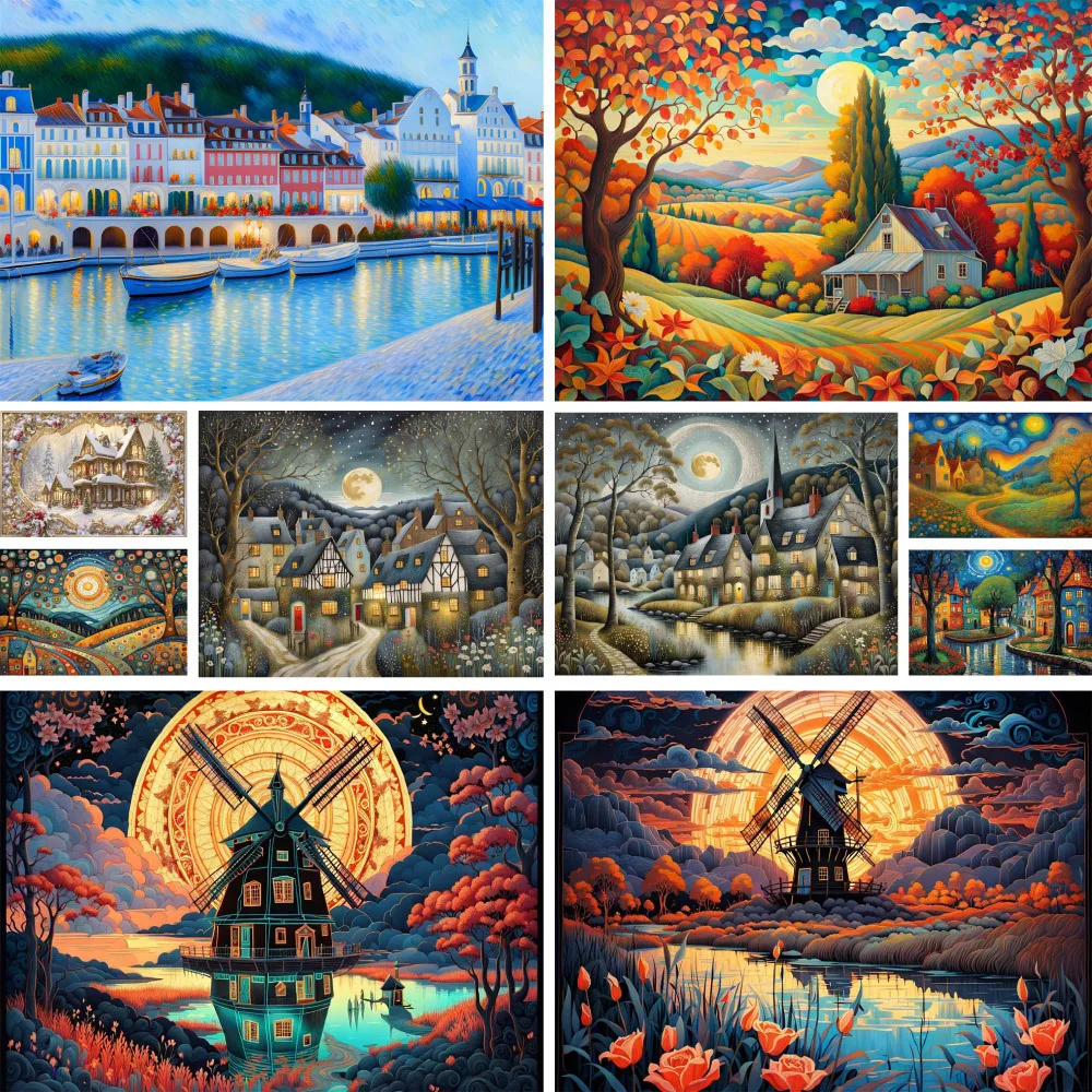 Landscape Windmill Cartoon Town Cross Stitch Embroidery Complete Kit Handmade Knitting Craft Painting Promotions Magic Package